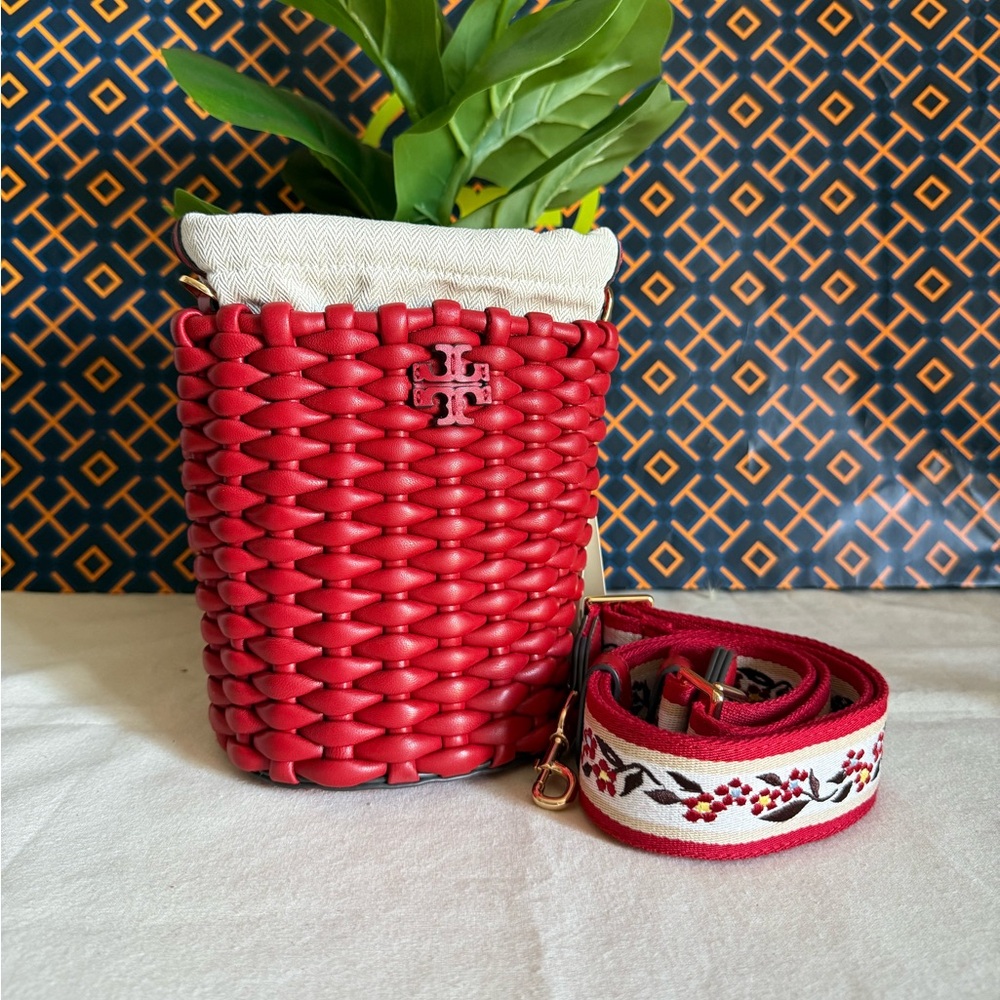 NWT Emerson Warm Red Woven mini Bucket Bag with Embroidered Strap